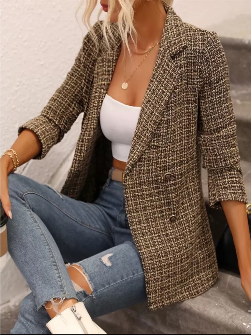 NWOT. Women's Brown Plaid Tweed Double-Breasted Blazer Jacket